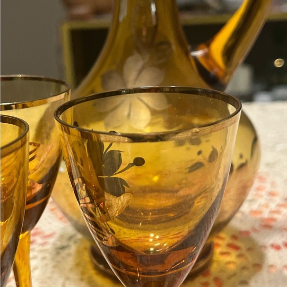 Vintage Romanian Amber Glass Hand Painted Decanter Set - Picture 3 of 10